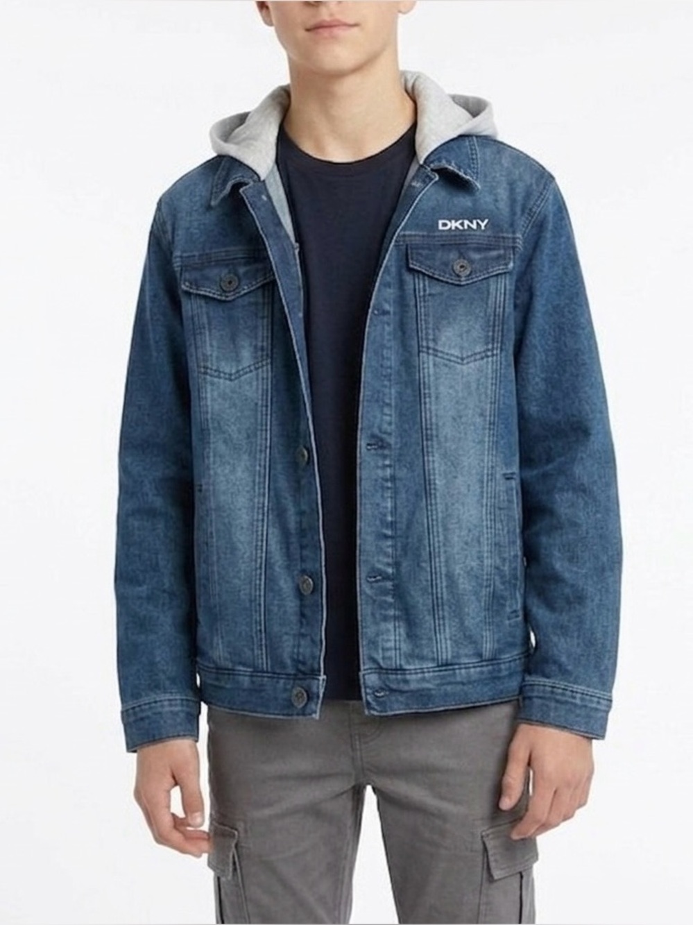 NWT DKNY Kids Denim Trucker Jacket Jersey Hood Blue Gray XL(18-20)